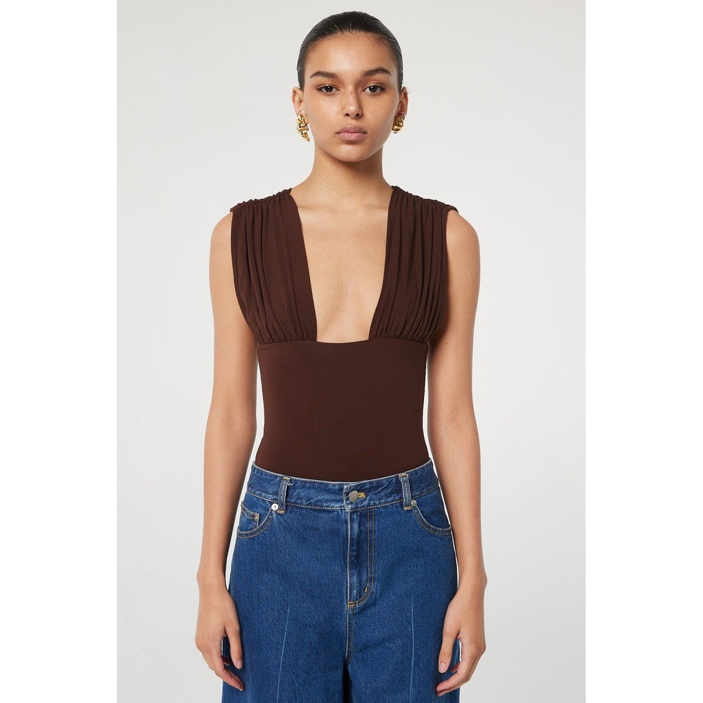 The Line by K Mio Chocolate Ruched Plunge Neck Bodysuit XS